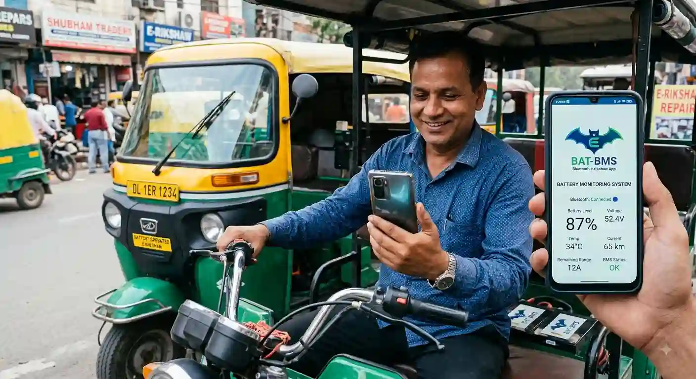 ई-रिक्शा की Bluetooth बैटरी से फोन कनेक्ट करता व्यक्ति